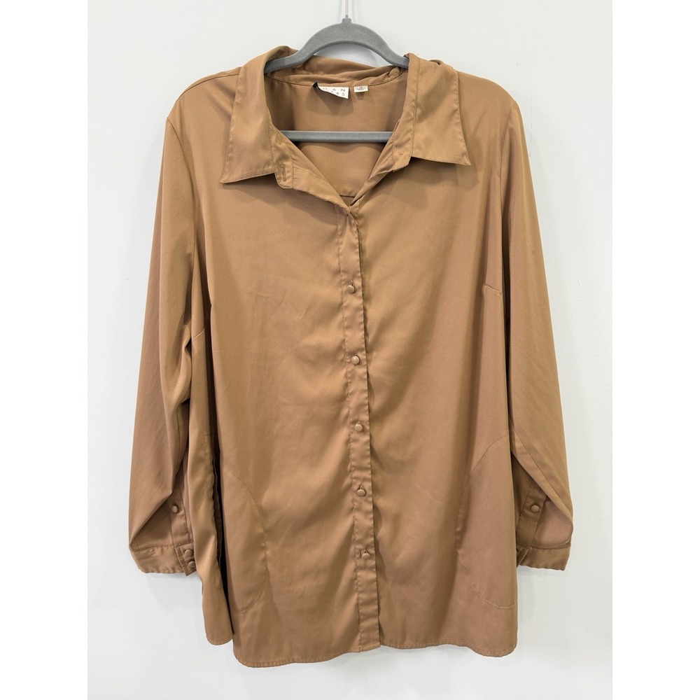 Joan Rivers Brown Satin Button Down Shirt 1X Long Sleeve Classic Collar